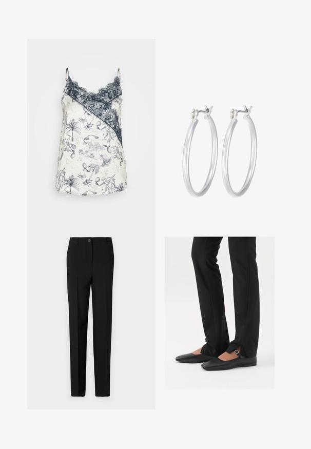 Satin camisole ar jūras zila mežģīni, balta pamatne, kas rotāta ar sarežģītiem ziliem tropu rakstiem, tostarp palmu un pludmales elementiem.; Melni piegrieztie bikses ar taisnu kāju dizainu, ar pogu slēgšanu un jostu cilpām, izgatavotas no gludas auduma.; Melni ādas baleta zābaki ar smailo purngalu, siksniņa ar sudraba sprādzi, kombinēti ar melniem tailētiem biksēm ar šķēluma apakšdaļu.; Sudraba riņķveida auss gredzeni ar gludu, pulētu apdari. Apaļa forma un drošs klikšķa augšējais slēgums. Viegls dizains, kas piemērots ikdienas valkāšanai.