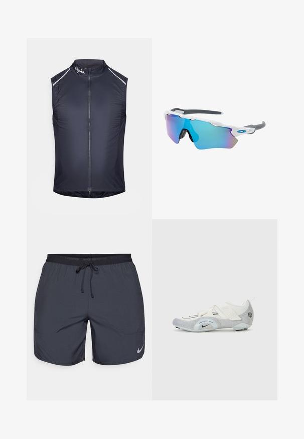 Bezrukávová cyklistická vesta v námořnické modři, s vysokým límcem, plným zipem, reflexními prvky a lehkým, hladkým textilním materiálem.; Běžecké šortky Nike v tmavě šedé barvě, se zakončením na gumu a tkaničkou a stříbrným logem na dolní části pravé nohavice.; Bílé a stříbrné cyklistické boty s síťovinou, texturedními detaily, nastavovacími pásky a gumovou podrážkou pro přilnavost a stabilitu.; Sluneční brýle s bílým rámečkem, šedými akcenty a modrými zrcadlovými čočkami. Sportovní design, obepínající tvar a nastavitelné nosní podložky.