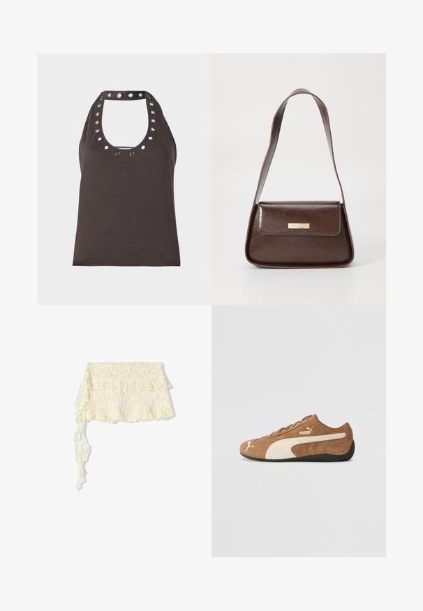 Tamno smeđa majica bez rukava s izrezom u obliku luka, s izvornim srebrnim rupama oko ovratnika i uskim krojem.; Čipkasti šal u boji slonovače s volančićima; sadrži složene cvjetne uzorke; lagano pada s dugim, razvučenim krajem.; Smeđi zamjubljeni niskopodni tenisice s kremastim akcentima, teksturiranom površinom, crnim gumeni potplat, i izvezenim logom na strani i jeziku.; Smeđa kožna torba za rame sa strukturiranim oblikom, koja ima magnetsko zatvaranje na preklopu i metalni logo akcent na prednjoj strani.