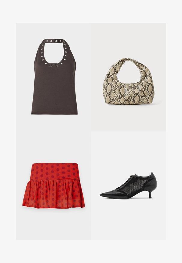 Top senza maniche marrone scuro con scollatura a girocollo, caratterizzato da accenti in grommet argentati attorno al colletto e una silhouette aderente.; Gonna rossa con volant e pois neri, realizzata in tessuto leggero. Presenta una vita aderente e un design a strati.; Scarpa nera a punta con un design a pannello di rete, dotata di un tacco basso e lacci frontali. Realizzata in una combinazione di pelle e materiale a rete.; Borsa a stampa rettile con manico curvo. Realizzata in materiali testurizzati beige e marroni, presenta un distintivo motivo a rombi.