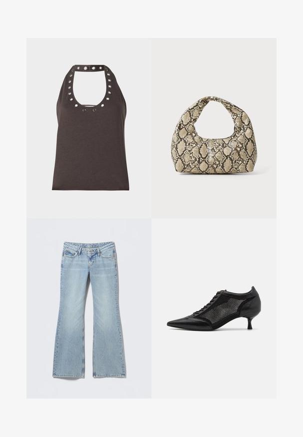 Dark brown sleeveless top with a scoop neckline, featuring silver grommet accents around the collar and a fitted silhouette.; Light blue flared jeans with a faded finish, five-pocket design, and contrasting stitching. Cotton denim with a smooth texture.; Black pointed-toe shoe with a mesh panel design, featuring a low heel and lace-up front. Made from a combination of leather and mesh material.; Snake-print handbag with a curved handle. Made from textured, beige and brown materials, featuring a distinctive diamond pattern.