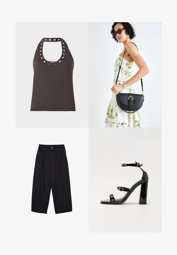 Temno rjava brezrokavnik z ovalnim izrezom, ki ima srebrne zakovice okoli ovratnika in prilegajočo silhueto.; Črne poliesterske culotte hlače z elastičnim pasom, dvema sprednjima nabiranjema in ohlapnim krojem. Brez vidnih vzorcev ali kovinskih detajlov.; Črne lakirane sandale s peto, kvadratnim prstom, trakovi okrog gležnja in srebrnimi zaponkami. Opremljene so s stabilno Debelo peto.; Črna usnjena torbica s ukrivljeno obliko, z odstranljivo naramnico in zlatimi dodatki. Torbica ima pokrov s podrobnostmi v obliki zaponke.