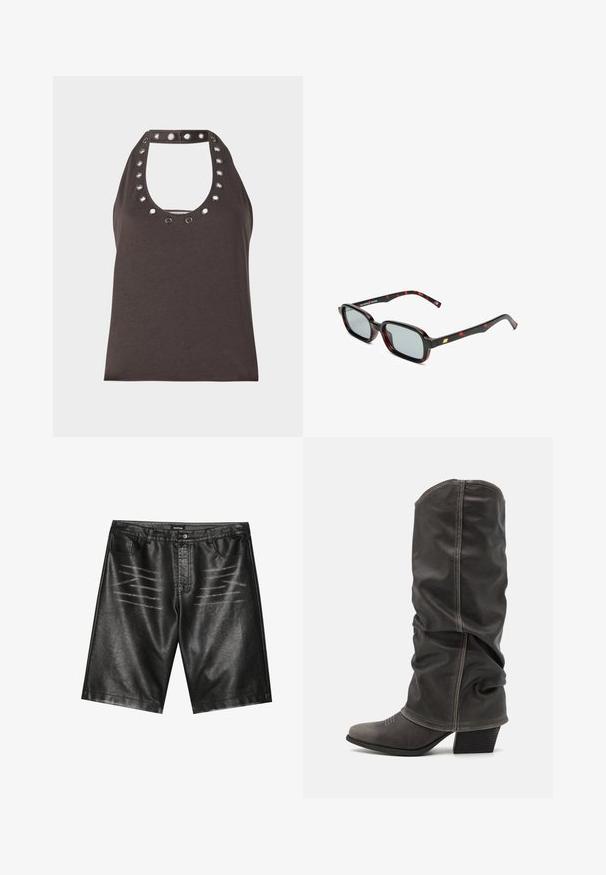 Tmavě hnědý bezramínkový top s kulatým výstřihem, se stříbrnými průměry zdobícími límec a přiléhavým střihem.; Černé šortky z umělé kůže s hladkým povrchem, pěti kapsami a decentním pruhovaným detailem na přední straně. Klasický rovný střih.; Šedé kožené vysoké boty po lýtka s volným designem, špičatou špičkou a vyvýšeným podpatkem. Výrazné prošívání v oblasti špičky.; Sluneční brýle s obdélníkovými černými a červeno vzorovanými obroučkami, šedými skly a zlatým akcentem na spánku. Design je elegantní a moderní.; Černá kožená kabelka s obdélníkovým tvarem, dvěma zakřivenými rukojeťmi, zlatými kovovými detaily a zipovým uzávěrem. Zobrazené logo značky.
