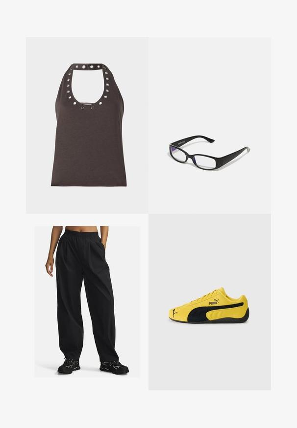 Top senza maniche marrone scuro con scollatura a girocollo, caratterizzato da accenti in grommet argentati attorno al colletto e una silhouette aderente.; Pantaloni neri, di taglio oversize, realizzati in tessuto leggero con vita elastica, dotati di tasche laterali e una texture liscia.; Sneaker giallo in suede con accenti in suede neri. Presenta una suola testurizzata, design con lacci e logo Puma sul lato e sulla lingua.; Occhiali rettangolari neri con lenti trasparenti. Finitura lucida, bracci sottili e una sfumatura viola visibile ai bordi delle lenti.