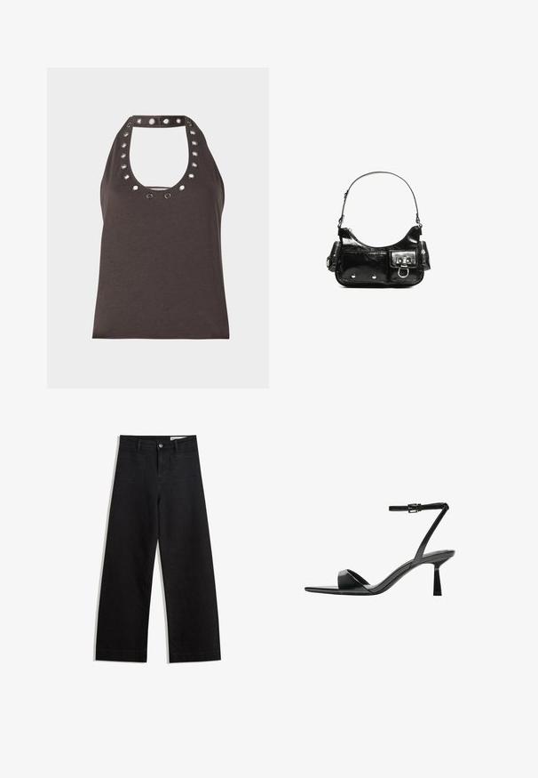 Tummanruskea hihaton toppi, jossa on avara kaula-aukko, hopeasävyiset niitit kauluksessa ja vartalolle myötäilevä siluetti.; Mustat leveät farkut korkealla vyötäröllä, joissa on etu- ja takataskut, ommellut saumat ja nappisuljenta. Silkinoinen rakenne.; Bershka Korolliset sandaalit - black; Mustekko mustasta kiiltonahasta valmistettu käsilaukku, jossa on kaareva muoto, yksi olkahihna, etutaskut ja hopeanväriset yksityiskohdat.