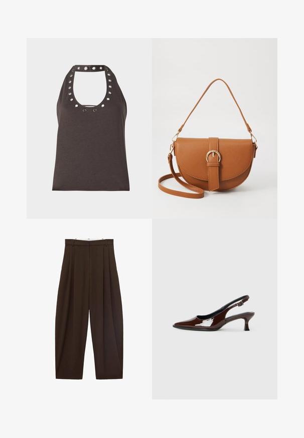 Donkerbruin mouwloos shirt met een ronde halslijn, voorzien van zilveren oogjes rond de kraag en een aangesloten silhouet.; Bruine high-waisted broek met plooien, gemaakt van soepel materiaal. Loose fit, rechte pijpen, met riemlussen en een ritsluiting.; Bruine gepatineerde leren slingback-schoen met een spitse neus en een gematigd hakje. Voorzien van een gespsluiting voor een veilige pasvorm. Glad van textuur.; Bruine leren schoudertas met een gebogen vorm, gouden hardware en een gespaccent. Bevat een afneembare schouderriem.