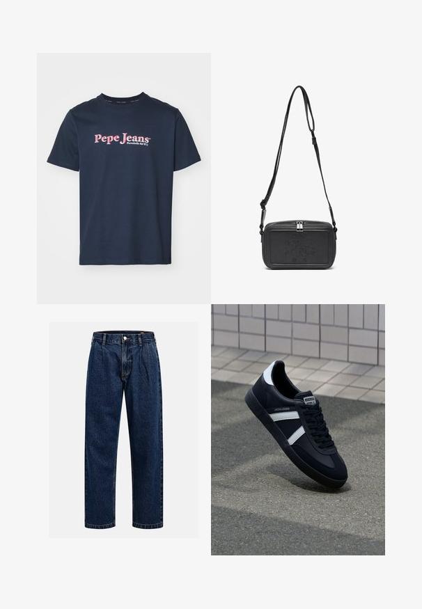 Tumši zils kokvilnas t-krekls ar apaļu kakla izgriezumu un īsām piedurknēm. Priekšpusē ir "Pepe Jeans" logo rozā un baltā krāsā.; Tumši zilie džinsu bikses ar taisna kāju dizainu. Iezīmējas redzamas šuves, pogu aizdare un priekšējie gurni papildu detaļām.; Melnā ādas sporta apavi ar baltām svītrām, teksturēta gumijas zole un auklu aizdare. Iekļauj zīmola etiķeti uz mēles.; Melna ādas soma uz pleca ar zīmolu, slēdzamu rāvējslēdzēju un regulējamu siksnu. Gluda tekstūra un taisnstūru forma.