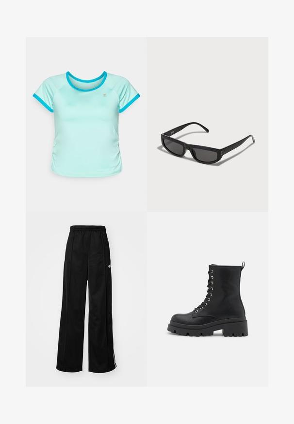 Camiseta deportiva de color azul claro con mangas raglán cortas, escote redondeado y acentos en turquesa en contraste. Presenta un detalle de fruncido en los lados.; Pantalones de chándal negros de pierna ancha con cinturilla elástica, que cuentan con rayas laterales blancas y un pequeño logo en la cadera izquierda. Textura de tela suave.; Botas de tobillo negras con cordones, suela gruesa, textura suave, herrajes plateados y un tirador en la parte posterior para facilitar su uso.; Gafas de sol negras con montura rectangular, con lentes oscuros y patas delgadas. Detalles dorados cerca de las bisagras.