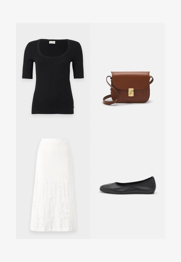 Melna ribota īsā piedurkņu topa, kuram ir plaša apaļa kakla izgriezums un pieguļoša silueta. Izgatavots no mīksta, elastīga auduma. Diskrēta zīmola birka apakšmalā.; Adīts balts midi svārki ar teksturētu rakstu, kas ietver vertikālas līnijas un izgriezumus pie apakšmalas. Elastīgs vidukļa jostasvads. Mīksts materiāls.; Melna ādas baleta kurpe ar noapaļotu purngalu, gludu tekstūru, minimālu šuvju detalizāciju un elastīgu zoles dizainu.; Bordo ādas rokas soma ar atloku, zeltītām detaļām, plecu siksnu un gludu virsmu. Kompakta, taisnstūrveida forma.