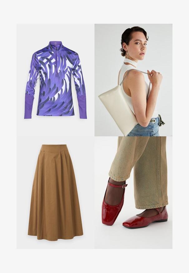 Pikkade varrukatega jõudlus T-särk lilla värvuses, millel on lukuga kaelus. Kangas on läikiva viimistlusega ja dünaamilise lehekujulise mustriga erinevates lillades toonides.; Pruun puuvillane A-line seelik kõrge vöökohaga, millel on voldid ees ja sile tekstuur. Pika serva viimistlus on puhas ja lihtne.; Punase läikivad nahkinga, millel on ruudukujuline nina, madal konts ja pahkluustrapp, koos helesiniste laiade teksadega. Siledat tekstuuri, peegelduv pind.; Valge ristkülikuline kotti, mis on valmistatud läikivast materjalist, hõbedase ahelsangaga. Mudel poseerib, tutvustades kotti ühtlase taustaga.