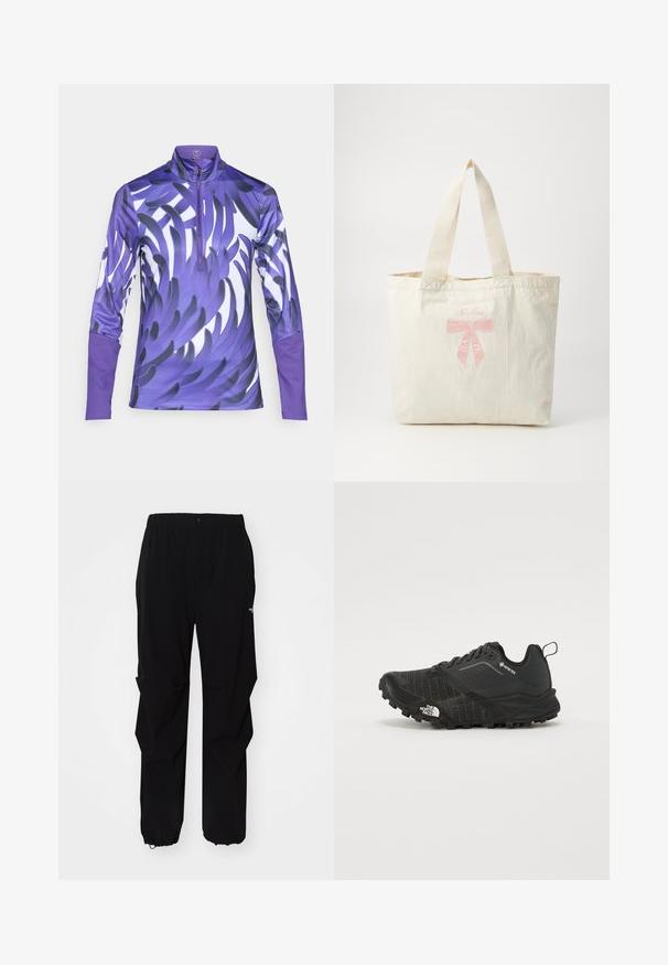 Ilgo rankovės aukščiausios kokybės marškinėliai purpurine spalva, su užtrauktuku kaklo srityje. Audinys turi blizgesį ir dinamišką lapinių raštą, kuriame matomi įvairūs purpurinės atspalviai.; Juodos lauko kelnės, pagamintos iš tvirto medžiagos, su laisvu siluetu, elastinga juosmens juosta ir surišamais rankogaliais, leidžiančiais reguliuoti ilgį.; Juodas sportinis batelis su tekstūruota viršutine dalimi, raišteliais ir guminėmis padangomis. Yra sustiprinta kulno dalis ir logotipas šone.; Kreminės spalvos drobinė rankinė su rožiniu siuvinėtų kaspinų akcentu ir tekstu "New Era". Tvirti rankenėlės, stačiakampio formos, minkšta tekstūra.