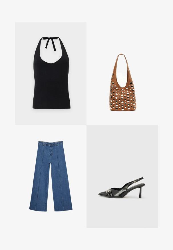 Svart halterneck-topp i slät tyg, med djup V-ringning och knytning i nacken, med en figursydd silhuett.; Vidbenade denimjeans i medelblått, med hög midja, knäppning och kontrasterande vertikala sömdetaljer längst fram.; Svart lackläder slingbacksko med spetsig tå, ankelremmar med silverfärgade spännen och detaljer samt en smal klack.; Brun mockaskinnväska med stora cirkulära utskärningar och metalliska detaljer. Utpräglad hobo-form med ett enda axelband, slät textur.
