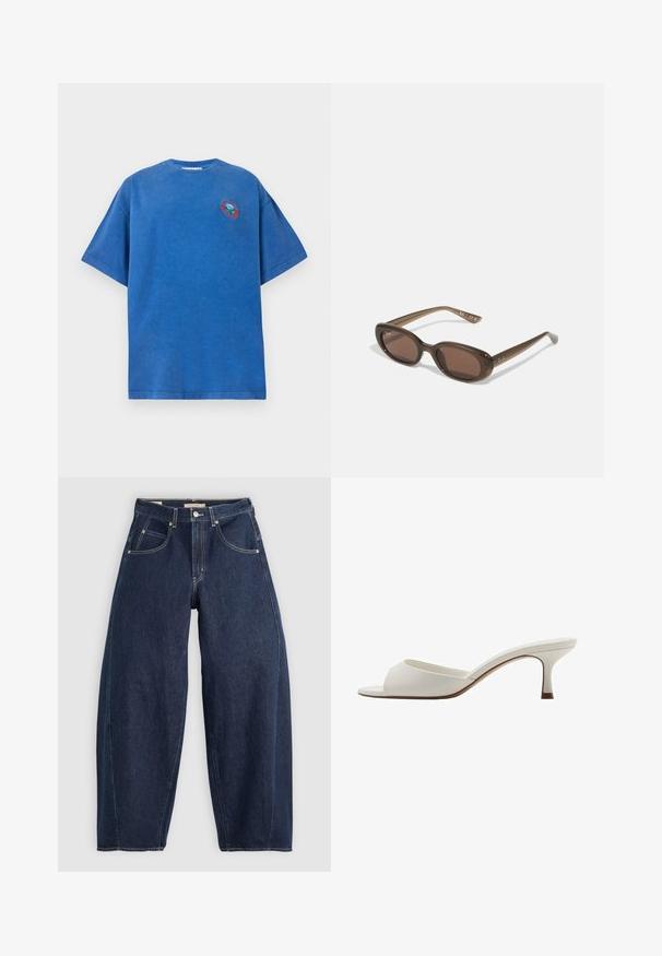 Blue cotton t-shirt with a relaxed fit, short sleeves, round neckline, and a circular logo patch featuring colorful design at the chest.; Dark blue denim jeans with a loose fit, light stitching, five pockets, and a button closure at the waistband.; White open-toed high-heeled mules with a smooth finish, minimalist design, and a slender heel, featuring a subtle brown accent on the sole.; Brown oval sunglasses with dark lenses. Frame has a transparent brown material and features a logo printed on the temples.; Green leather handbag with a smooth texture, curved shape, and braided handle. Features a zip closure and an adjustable strap.