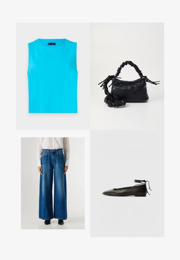 Ärmelloses, leuchtend Türkis Oberteil aus weicher Baumwolle. Verfügt über einen runden Ausschnitt und einen geraden, verkürzten Saum ohne sichtbare Verschlüsse.; Blaue Schlagjeans mit hoher Taille, aus Denim gefertigt, mit Fronttaschen und Knopfverschluss. Glatte Textur mit klassischer Waschung.; Schwarze Leder-Ballerinas mit spitzem Zehenbereich, Knöchelband und flacher Sohle, die eine glatte Textur und ein minimalistisches Design aufweisen.; Schwarze Handtasche aus Kunstleder mit Krokodilstruktur, gerafftem oberen Teil und einem geschoppten Tragegurt. Sie wirkt weich und kompakt im Design.