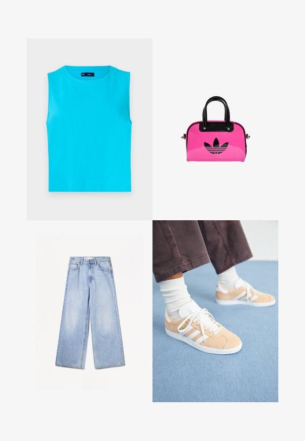 Top senza maniche di un brillante colore turchese, realizzato in morbido cotone. Presenta un colletto rotondo e un orlo dritto e accorciato senza chiusure visibili.; Bershka WIDE-LEG - Wide Leg - light-blue denim; Sneaker in suede beige con dettagli bianchi, caratterizzate da tre strisce, una punta rotonda e una suola testurizzata; abbinate a calze bianche a tema.; Borsa a mano in vernice rosa con logo e manici neri, caratterizzata da una forma arrotondata e chiusura con zip. La texture lucida aumenta la visibilità.