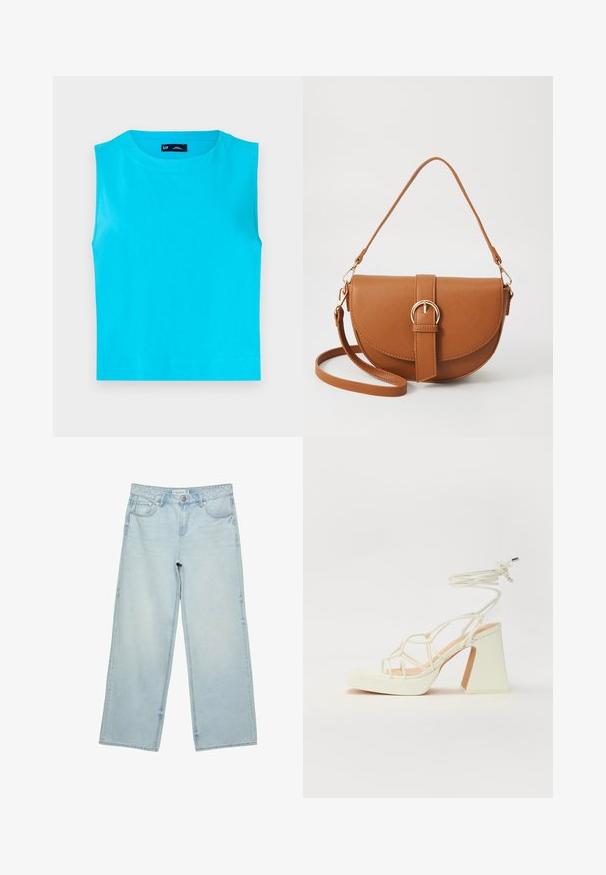 Ermeløs, lys turkis top lavet af blød bomuld. Har en rund halsudskæring og en lige, cropped kant uden synlige lukninger.; Lysblå vide jeans i denim med høj talje, fem lommer og subtilt slid. Lige skæring med opklippede kanter.; Hvide højhælede sandaler med en kraftig hæl, der har et stropdesign og ankelbinding. Glat tekstur med en platform foran for ekstra højde.; Brun læder crossbody taske med en buet form, guldfarvet hardware og en spændeaccent. Har en aftagelig skulderrem.