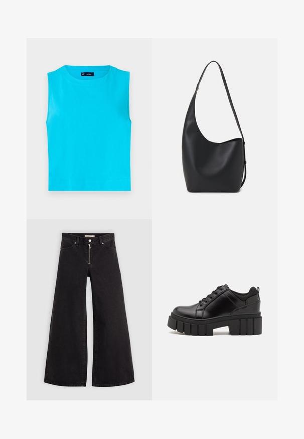 Mouwloos, fel turquoise topje van zacht katoen. Heeft een ronde halslijn en een rechte, cropped zoom zonder zichtbare sluitingen.; Wijdvallende jeans van zwarte denim met een ritssluiting aan de voorkant, vijf zakken en subtiele stikdetails. Soepele textuur en casual stijl.; Zwarte leren platform schoenen met een stevige blokhak, ronde neus en een traditionele vetersluiting. Kenmerkt zich door een gladde textuur en minimale details.; Zwarte leren hobo tas met een gladde textuur, kromme vorm en een enkele verstelbare schouderband; heeft een brede opening aan de bovenkant.