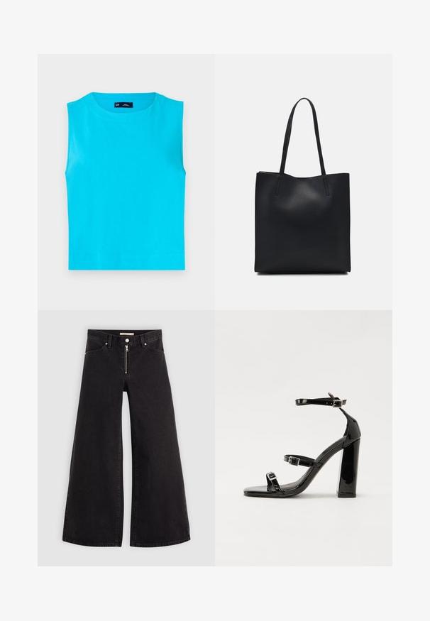 Bezrukávový, jasně tyrkysový top z měkké bavlny. Má kulatý výstřih a rovný, zkrácený spodní lem bez viditelných zapínání.; Džíny s širokými nohavicemi v černém denimovém provedení se zipem vpředu, pěti kapsami a jemnými švy. Hladká textura a ležérní styl.; Černé lakované sandály na podpatku se čtveratou špičkou, lýtkovými pásky a stříbrnými přezkami. Disponují masivním blokovým podpatkem pro stabilitu.; Černá kožená taška přes rameno s hladkým povrchem, obdélníkovým tvarem a dvěma dlouhými uchy. Žádné viditelné kování ani ozdoby.