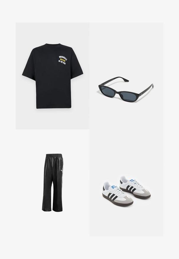 T-shirt preta de manga curta feita de algodão. A frente apresenta texto impresso em branco e amarelo com "ORIGINALS" e "IN THE RING." Gola clássica redonda.; Calças de treino sintéticas pretas com um cós elástico, apresentando riscas laterais brancas e um pequeno logótipo branco no quadril esquerdo.; Ténis desportivos com um cabedal em pele branca, biqueira em camurça cinza e três riscas pretas. Apresenta um logo azul na língua e uma sola de borracha texturizada.; Óculos de sol preto em formato de olhos de gato com lentes escuras, armação de plástico, hastes finas e uma branding subtil na parte interna da haste. Acabamento mate.