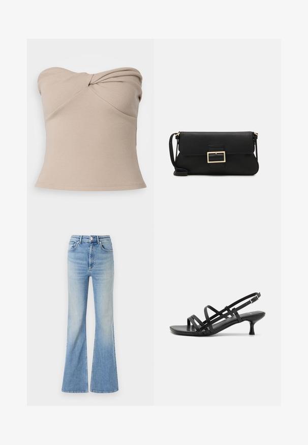Top beige a coste, senza spalline, con un design attorcigliato sulla parte frontale. Tessuto liscio, silhouette aderente e orlo che si allarga leggermente.; Jeans flared di colore blu chiaro in denim, dotati di vita alta, design a cinque tasche e una leggera sfumatura verso l'orlo.; Sandali neri con tacco alto e molteplici cinturini incrociati. Materiale liscio, punta appuntita e tacco sottile. Cinturino alla caviglia regolabile con fibbia.; Borsa a mano in pelle nera con patta e dettaglio in metallo dorato. Include una tracolla nera e un design elegante e minimalista.; Orecchini a cerchio in argento con un design torciglionato, caratterizzati da una finitura lucida e chiusura a perno. Misurano circa 3 cm di diametro.