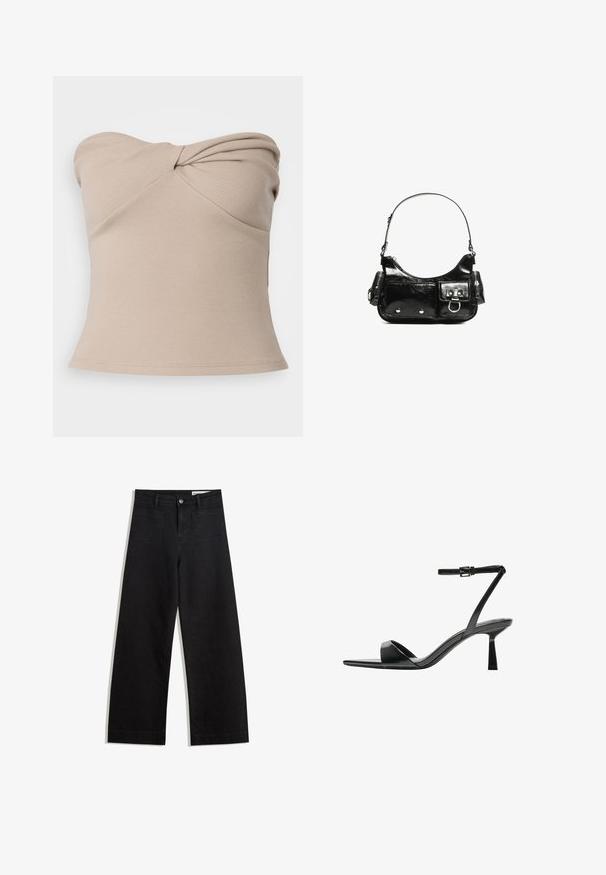 Top bej, cu nervuri, fără bretele, cu un design răsucit în față. Textură netedă, siluetă ajustată și o tiv care se lărgește ușor.; Pantaloni din denim negri cu picioare largi, cu talie înaltă, având buzunare frontale și posterioare, cusături dublate și închidere cu nasture. Textură netedă.; Bershka Sandale cu toc - black; Geantă de mână din piele lăcuită neagră, cu o formă curbată, un umăr, buzunare frontale și accente din metal argintiu.