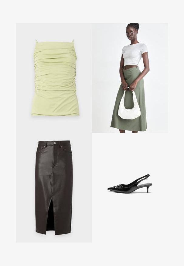 Gerepte, lichtgroene tanktop met dunne straps. Gemaakt van zachte, rekbare stof. Heeft een aansluitende snit en een gemêleerd ontwerp.; Bruine leren midi-rok met een vooruitsnede, vijf-pocketontwerp en sluiting met metalen knoop. Zachte textuur en nauwsluitende pasvorm.; Zwarte leren slingback hakken met een spitse neus, kleine kittenhak en een decoratieve knoopdetail aan de voorkant. Smooth textuur overal.; Grijs geribbelde crop top en olijfgroene hoge taille rok. Model houdt een witte schoudertas met uitsparingen vast. Eenvoudig ontwerp, aansluitende silhouet.