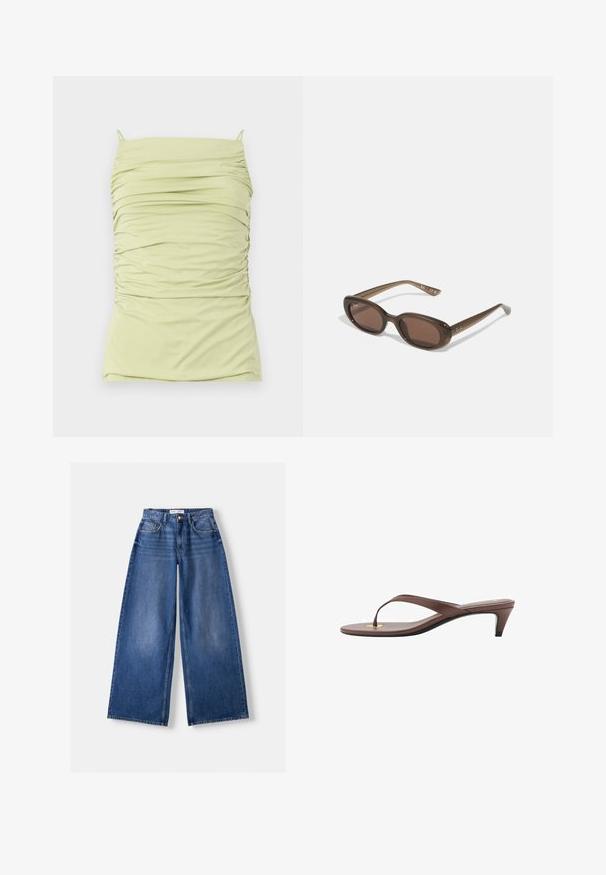 Débardeur froncé vert clair avec des bretelles fines. Fait en tissu doux et extensible. Présente une silhouette ajustée et un design texturé sur l'ensemble.; Bershka WIDE-LEG - Wide Leg - dark blue; Sandale à talons brune avec une fine lanière et un entre-doigts arrondi, arborant un petit accent doré sur le semelage.; Lunettes de soleil ovales marron avec des verres foncés. La monture est en matériau transparent marron et comporte un logo imprimé sur les branches.; Sac fourre-tout en suède marron avec deux anses, de forme rectangulaire spacieuse et au design minimaliste. Texture douce avec une finition lisse.