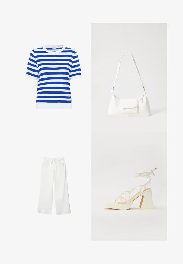 Modra in bela črtasta kratkotrajna majica s kratkimi rokavi, okrogel izrez, pletena tekstura ter rebrasti robovi in spodnji del.; Bela široka hlače iz mehkega materiala, z vrvico v pasu in dvema sprednjima žepoma. Gladek texture in brez vidnih vzorcev.; Bela sandala na visokih petah s debelim petam, ki ima obliko trakcev in vezanje okoli gležnja. Gladka tekstura z platformo spredaj za dodatno višino.; Bela sintetična torbica v obliki trikotnika, z ravnim sprednjim poklopcem in detajlom mašne, nastavljivim trakom, gladko teksturo in minimalističnim dizajnom.