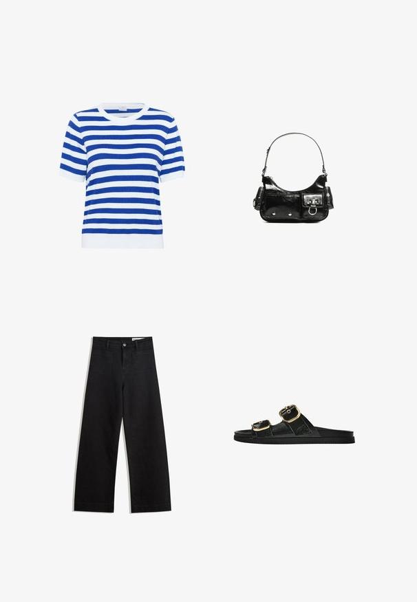 Blau-weißer gestreifter Kurzarmpullover mit rundem Halsausschnitt, gestrickter Textur sowie gerippten Bündchen und Saum.; Schwarze weit geschnittene Jeans mit hoher Taille, ausgestattet mit Vorder- und Hintertaschen, gesteppten Nähten und einem Knopfverschluss. Glatte Textur.; Schwarze Riemensandale mit zwei goldenen Schnallendetails, glattem Material, flachem Sohlen und minimalistischer Gestaltung.; Schwarze Lackleder-Handtasche mit geschwungenem Design, einem Schulterriemen, Vordertaschen und silberfarbenen Hardware-Akzenten.