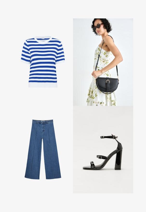 Niebiesko-biała sweter krótki z rękawami, okrągłym dekoltem, plecioną teksturą oraz prążkowanymi mankietami i dolnym brzegiem.; Jeans typu wide-leg w średnim niebieskim kolorze, z wysokim stanem, zapięciem na guziki oraz kontrastowymi szwami pionowymi z przodu.; Czarne lakierowane sandały na obcasie z kwadratowym noskiem, z paskami wokół kostki i srebrnymi klamrami. Posiadają masywny słupek dla stabilności.; Czarna skórzana torebka o zakrzywionym kształcie, z odpinanym paskiem i złotymi akcentami. Torebka posiada klapę z zapięciem w kształcie klamry.