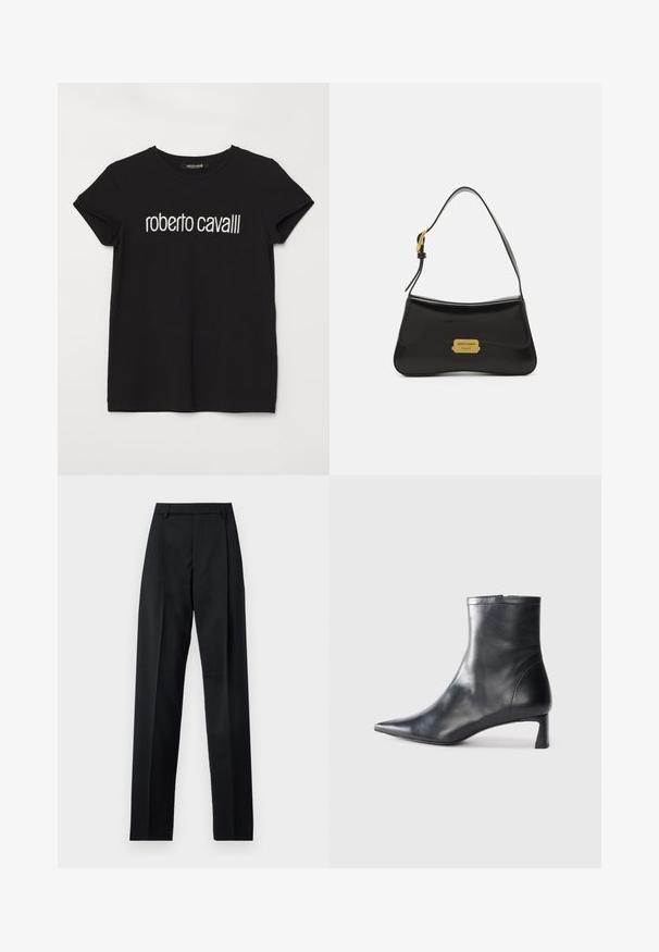 Must musta T-särk lühikeste varrukatega ja ümarate kaelustega, mille esiküljel on valgete niitidega brodüür "roberto cavalli".; Mustad püksid siledast kangast, millel on kõrge vöökoht, laiad jalad, esimesed kortsud ja klassikalised vööloopid. Küljepockets pole nähtavad.; Mustad mustall nahkasaabas terava nina ja stiilse disainiga. Omab madalat konts ja luku sulgemist taga. Sile tekstuur.; Musthave nahkakott, millel on kaarjas disain, kuldne logoplaat ja peen õlavarre rihm. Sile tekstuur ja elegantne viimistlus.
