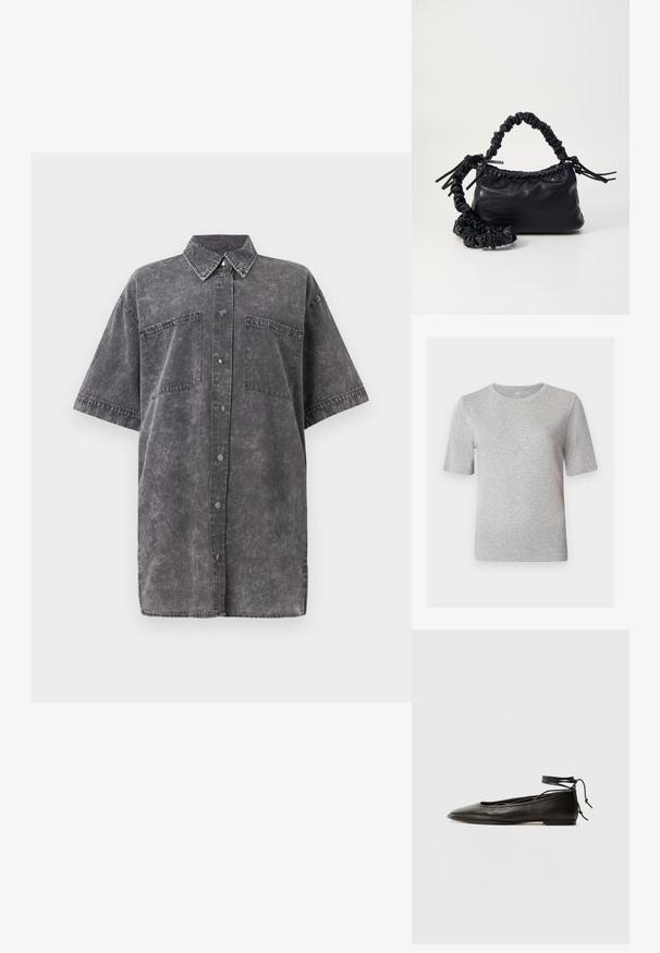 Graues T-Shirt mit kurzen Ärmeln aus weichem Material. Hat einen Rundhalsausschnitt und eine lässige Passform. Schlichtes Design ohne Muster oder Akzente.; Graue Denim-Übergroße Bluse mit kurzen Ärmeln, Frontknopfverschluss, zwei Brusttaschen und einer verblassten Textur. Klassischer Kragenstil.; Schwarze Leder-Ballerinas mit spitzem Zehenbereich, Knöchelband und flacher Sohle, die eine glatte Textur und ein minimalistisches Design aufweisen.; Schwarze Handtasche aus Kunstleder mit Krokodilstruktur, gerafftem oberen Teil und einem geschoppten Tragegurt. Sie wirkt weich und kompakt im Design.