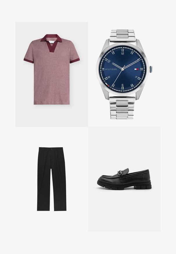 Rövid ujjú póló texturált bordó anyagból, sötét bordó kontrasztos gallérral és mandzsettákkal. V-nyak kialakítással.; Fekete nadrág egyenes szárú kialakítással, sima anyagból készült. Elöl redők és egy gombos záródás található a derékon.; Fekete bőr mokaszín, lekerekített orral, díszes pánttal és fém kiegészítővel, valamint vastag, texturált talppal. Simább felület, finom részletezéssel.; Ezüst színű fém óra kék, kefélt számlappal, fehér órijjelezőkkel és dátumkijelzővel. Fém, láncolt szíj és márkalogó jellemzi.