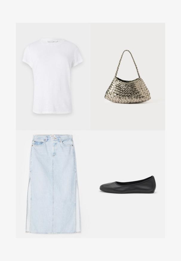 White short-sleeve t-shirt with a round neckline, crafted from lightweight fabric, featuring a simple, clean design without embellishments.; Light blue denim maxi skirt with a straight cut, featuring side slits and five-pocket design. Prominent stitching and metal button closure.; Black leather ballet flat with a rounded toe, smooth texture, minimal stitching detail, and a flexible sole design.; Metallic woven handbag with a triangular shape, featuring a braided strap and a velvet-lined interior. Color: silver. Texture: smooth and fabric-like.