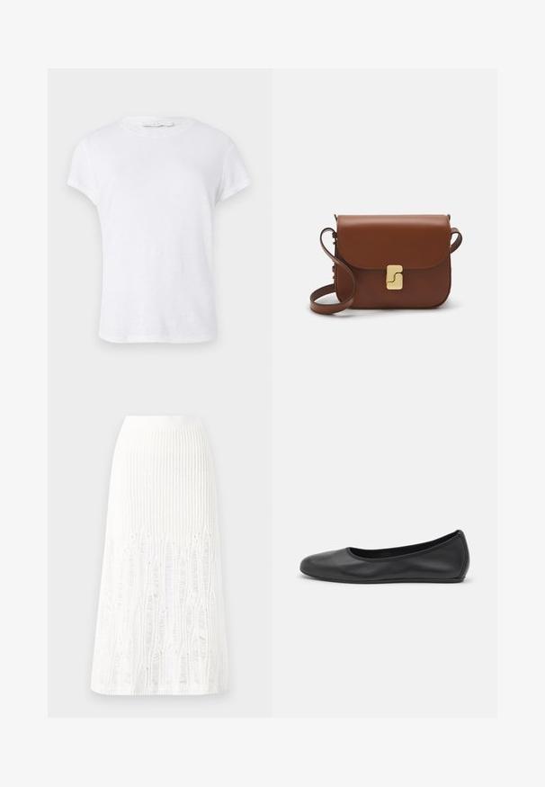 White short-sleeve t-shirt with a round neckline, crafted from lightweight fabric, featuring a simple, clean design without embellishments.; Knit white midi skirt featuring a textured pattern with vertical lines and cut-out details near the hem. Elastic waistband. Soft material.; Black leather ballet flat with a rounded toe, smooth texture, minimal stitching detail, and a flexible sole design.; Brown leather handbag with a flap closure, gold-tone hardware, a shoulder strap, and a smooth texture. Compact rectangular shape.