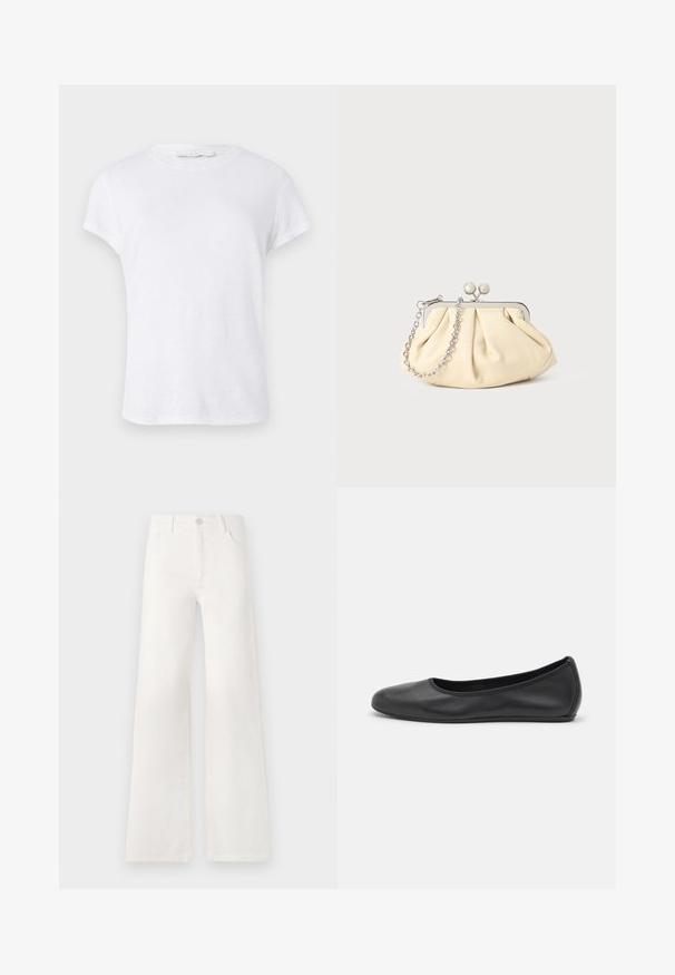Hvid kortærmet t-shirt med rund halsudskæring, lavet af letvægtsstof, med et simpelt og rent design uden udsmykninger.; Hvide, højtaljede bukser med bred ben lavet af denim. Har en knaplukning, to forlommer og sidesømme med syningsdetaljer.; Sort læderballetsko med rund tå, glat tekstur, minimal syning og et fleksibelt såldesign.; Plisseret beige læderclutch med en sølvmetalramme, der har to runde dekorative låse og en sølvkædetrasporte.