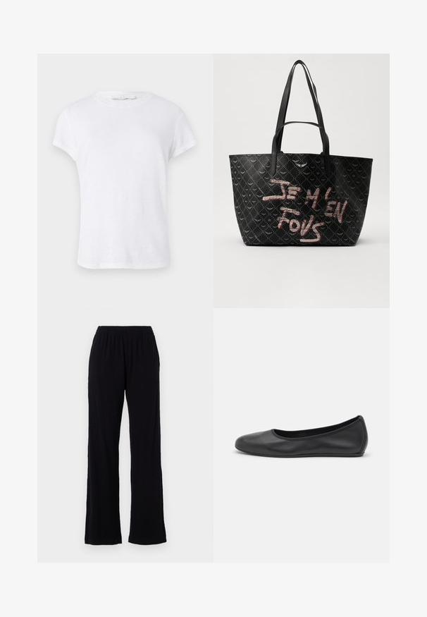 White short-sleeve t-shirt with a round neckline, crafted from lightweight fabric, featuring a simple, clean design without embellishments.; Black, lightweight, elastic waist pants with a straight leg design. Soft texture with no visible patterns or accents. Simple and versatile style.; Black leather ballet flat with a rounded toe, smooth texture, minimal stitching detail, and a flexible sole design.; Black tote bag with textured material featuring a diamond pattern, shoulder straps, and bold red and white text reading “JE M'EN FOUS.”