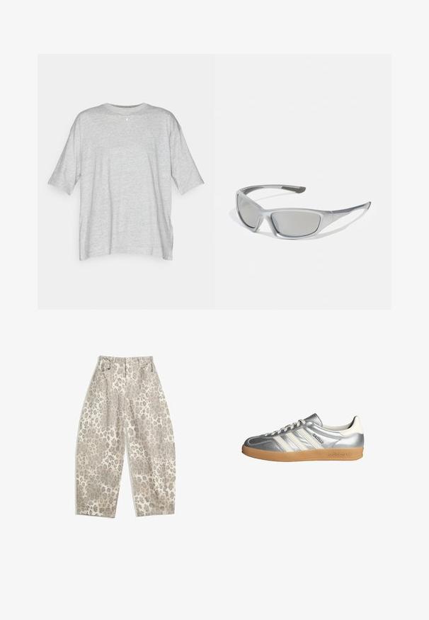 Champion ICONS OVERSIZE CREWNECK - T-shirt con stampa - grey; Pantaloni a stampa leopardata in un colore beige chiaro, con un design a vita alta, gambe larghe e due tasche frontali. Realizzati in un tessuto morbido.; Scarpe da ginnastica argento con accenti bianchi, presentano tre strisce, una punta tonda e una suola in gomma naturalmente colorata. Materiale metallico texturizzato.; Occhiali da sole grigi con una montatura in plastica sleek e leggera. Presentano lenti grigie a specchio e dettagli laterali testurizzati per una presa migliorata.