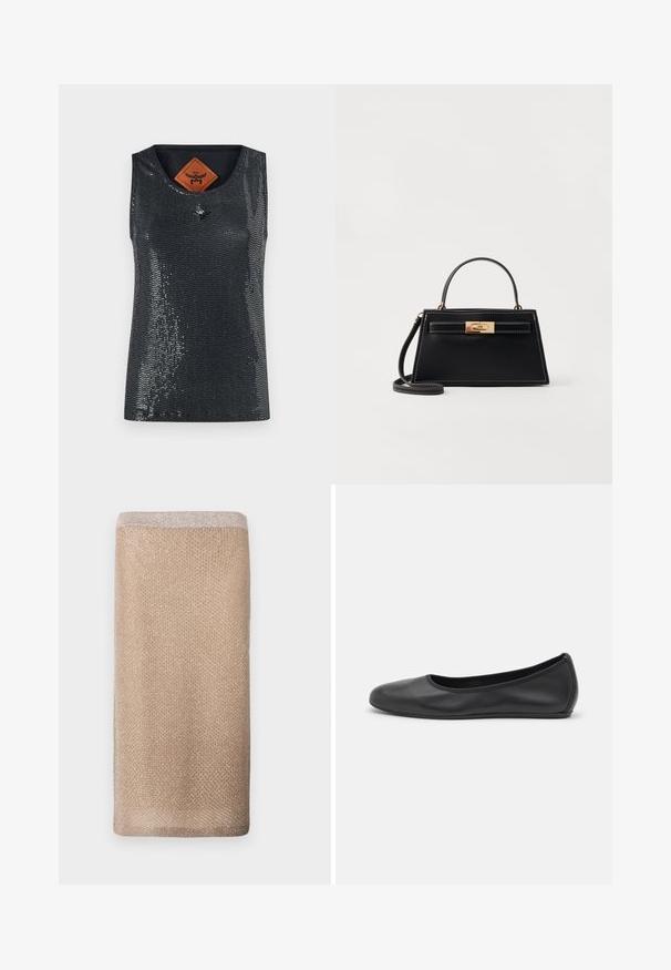 MCM SEQUINS TANK - Topp - black; Bež ahelsall, millel on õrn sära, tekstureeritud viimistlus ja heledama värviga äär ülemises servas. Ristkülikuline kuju.; Musthave mustika tantsutossud mustast nahast, ümmarguse varbaga, siledast tekstuurist, minimaalse õmblusdetailiga ja paindliku tallakujundusega.; Must must käekott, millel on struktureeritud trapetsikujuline kuju, kuldne kinnitusklaas ja kontrastne valge õmblus. Kaasas on lühike käepide ja pikk rihm.