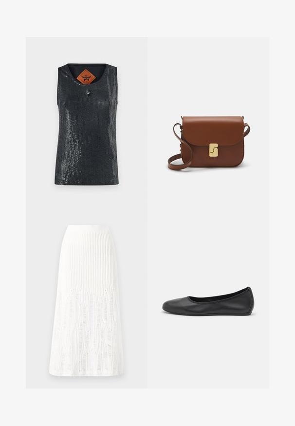 MCM SEQUINS TANK - Viršus - black; Balta megzta midi sijoninė su tekstūruotu raštu, vertikaliomis linijomis ir išpjovomis arti apatinės dalies. Elastinga juostos dalis. Minkšta medžiaga.; Juodai odiniai baletai su apvaliu pirštu, lygi texture, minimalus siuvimo detales ir lanksčiu padų dizainu.; Ruda odinė rankinė su uždaromu dangteliu, aukso spalvos detalėmis, petneša ir lygiu paviršiumi. Kompaktiška stačiakampio formos.