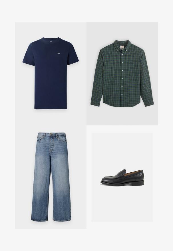 Tamnočlena bombažna majica z kratkimi rokavi v mornarsko modri barvi, okrogel ovratnik in majhen izvezen logotip na prsih. Preprost dizajn, brez okrasnih detajlov.; Srajca z dolgimi rokavi z gumbom, v zeleni, modri in rumeni karirasti vzorec, z belimi gumbi in ovratnikom z gumbom.; Široke modre denim hlače s blago obrabljenim tonom, zasnovo s petimi žepe in z gumbom za zapiranje. Opremljene so z zankami za pas in šivanjem detajlov.; Črne usnjene loafers cipele z gladko površino, zaobljenim nosom in dekorativnim šivom na vampu. Nizek zloženi peti in rahla sijaj.