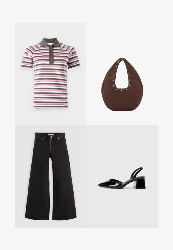 Lyhythihainen poolopaita, jossa on vaaleanpunaisia, valkoisia ja ruskeita vaakaraitoja, ruskea kaulus ja napitettu halkio.; Mustat leveälahkeiset farkut, joissa on vetoketjufrunti, viisi-taskuinen muotoilu ja hienovaraiset ompelusyyt. Sileä pinta ja rento tyyli.; Mustat patentoitu nahkakengät, joissa on säären takaosa ja terävä kärki, sekä geometrinen palikkakorko. Sisältää tyylikkään, minimalistisen muotoilun ja sileän pinnan.; Ruskea olkalaukku, jossa on kaareva muoto. Laukussa on suuri leikkauksen muotoinen kahva, jonka reunaa koristavat hopeiset niitit. Valmistettu pehmeästä kankaasta.