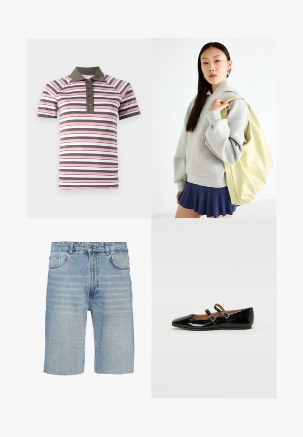Koszulka polo z krótkim rękawem w różowe, białe i brązowe poziome paski, z brązowym kołnierzykiem i zapięciem na guziki.; Jasnoniebieskie szorty dżinsowe, z klasycznym pięciopocketowym wzorem, zapięciem na guzik, prostym krojem oraz delikatnymi przetarciami na materiale.; Czarne lakierowane baleriny z ostrym noskiem, dwiema sprzączkami na wierzchu i niskim, zaokrąglonym obcasem.; Szara, oversize bluza z kapturem z kieszenią kangurzą, zestawiona z granatową spódnicą w kształcie dzwonu. Akcesorium: duży, jas złoty plecak o gładkiej fakturze.