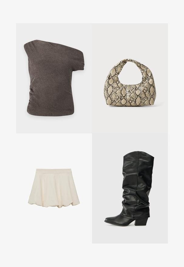 Ruskea, yksi-olkaimen paita, jossa on teksturoitu ja ryppyinen kangas; siinä on ryppypuoli ja istuva siluetti.; Hame vaale beige-värinen, pehmeä ja sileä tekstuuri, levenevä muotoilu ja aaltomaisesti leikattu helma. Varustettu leveällä elastisella vyötärönauhoilla mukavuutta varten.; Mustat nahkaiset polvipituiset saappaat, joissa on renksumainen muotoilu, terävä kärki ja paksu korko, jotka omaavat sileän pinnan ja minimaalisen ompeleen.; Käärmeennahkakuosiset käsilaukku, jossa on kaareva kahva. Tehty teksturoiduista beigeistä ja ruskeista materiaaleista, joissa on erottuva timanttikuvio.