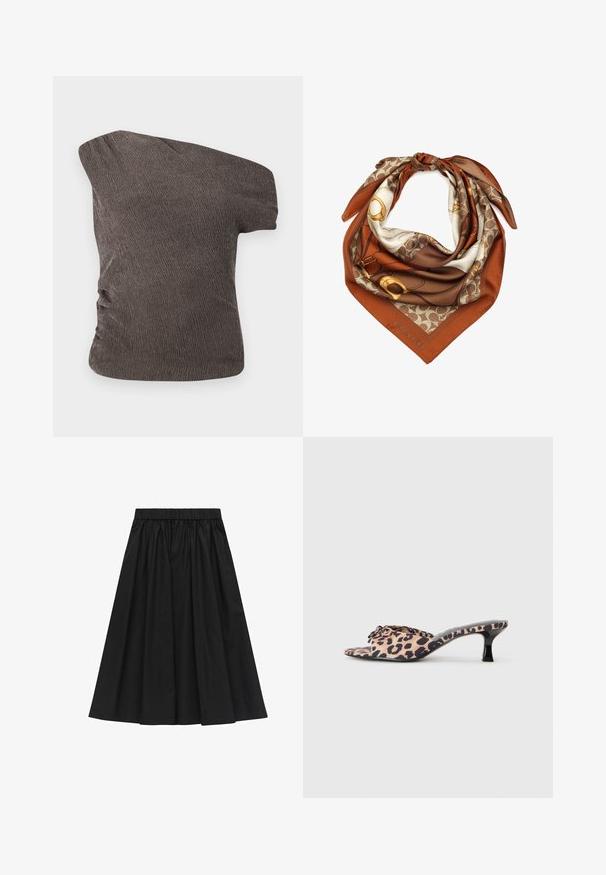 Bruine top met één schouder van een textuurstof met kreukels; heeft een gerimpelde zijkant en een aansluitende pasvorm.; Zwarte, knie-lange rok met een elastische tailleband, met een textuurstof en een geplooid ontwerp, dat een volumineuze vorm creëert.; Luipaardprint muiltjes met een lage, zwarte stilettohak. Bovenwerk van zacht materiaal met een knoopdetail aan de voorkant en een gladde, platte zool.; Zijden sjaal met een bruin en crème patroon, met gouden accenten. Afgewerkte randen en een merklabel "COACH" in de hoek. Driehoekige vorm.; Zwarte suède tote bag met een V-vormig ontwerp, platte handvatten en een gouden accent rits. Zacht van textuur, minimalistische stijl en geen zichtbare hardware.