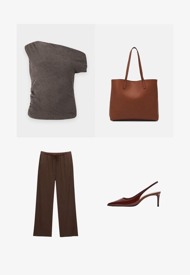 Braunes Top mit einem Schulterträger aus strukturiertem, zerknittertem Stoff; verfügt über eine geraffte Seitendetail und eine enganliegende Silhouette.; Braune weite Hosen aus weichem Stoff, mit einem elastischen Bund und Kordelzug sowie zwei Seitentaschen.; Rote Lackleder-Slingbacks mit spitzem Zeh, dünnem Absatz und offenem Rückendesign. Glatte Textur und minimale Details.; Braune Leder-Tote mit glatter Textur, offenem Oberteil und zwei Schulterriemen. Verfügt über minimale Nähte und keine sichtbaren Beschläge.