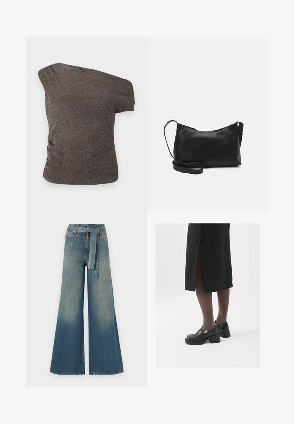Brun, en-skulder top med et tekstureret, krøllet stof; har en rucheret detalje i siden og en tætsiddende silhuet.; Bredbens-denimbukser med en lys til mørk blå gradient, høj talje, bælteløkker og et matchende stofbælte. Tekstureret denimfinish.; Sorte lædersko med rund tå, kraftig blokhæl og elastiske sideaccentuer, parret med mørke strømpebukser og en sort nederdel med slids.; Sort læder skuldertaske med en glat tekstur, buet form, justerbar rem og lynlås. Minimalistisk design uden udsmykninger.