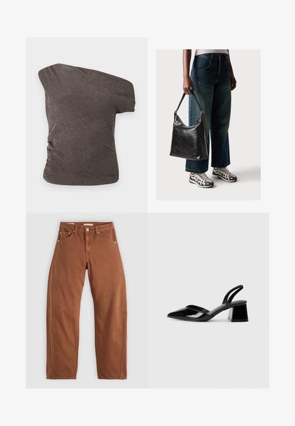Brown, one-shoulder top with a textured, crinkled fabric; features a ruched side detail and a fitted silhouette.; Rust brown straight-leg jeans with front and back pockets, metal rivets, button closure, and belt loops, laid flat on a white background.; Black patent leather slingback heels with a pointed toe and a geometric block heel. Features a sleek, minimal design and smooth texture.; Black leather shoulder bag with a smooth texture and adjustable strap, paired with faded wide-leg jeans and athletic sneakers.