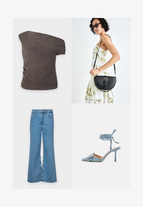 Top marrón de un solo hombro con una tela texturizada y arrugada; presenta un detalle de fruncido en el costado y una silueta ajustada.; Jeans acampanados de color azul claro hechos de denim, con una cintura alta, cinco bolsillos y un cierre de botón. Textura suave con acabado desgastado.; Zapato de tacón alto de punta afilada en tela azul claro con un acabado texturizado, que presenta un lazo decorativo y una correa en el tobillo para un ajuste seguro.; Bolso de piel negra con forma curva, correa desmontable y herrajes dorados. El bolso cuenta con una solapa con un detalle de hebilla.