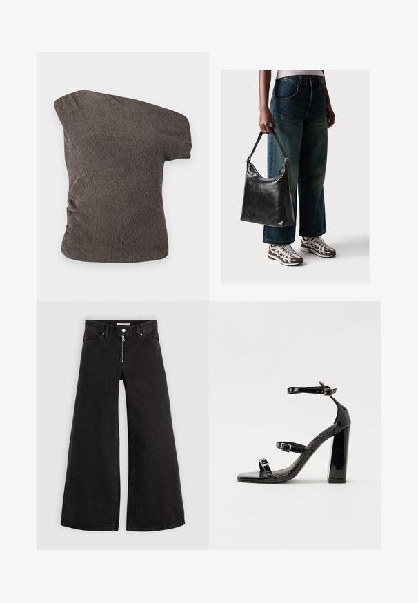 Ruda vieno peties viršutinė dalis su tekstūruotu, susiraukšlėjusių audiniu; turi surauktą šoną ir prigludusią siluetą.; Plačios kojų džinsai iš juodo džinsinio audinio su užtrauktuku priekyje, penkių kišenių dizainu ir subtiliais siuvinėjimo akcentais. Lygus paviršius ir laisvalaikio stilius.; Juoda blizgi lakuota basutė su kvadratiniu pirštu, kulkšnies dirželiais ir sidabro sagtimis. Yra tvirta blokinė kulno konstrukcija, užtikrinanti stabilumą.; Juodas odinis peties krepšys su lygiu paviršiumi ir reguliuojama dirželiu, derinamas su nublukusiais plačiapurčiais džinsais ir sportiniais batais.